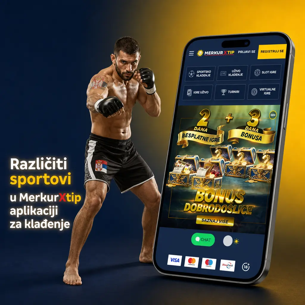 Prikaz različitih sportova dostupnih za klađenje u MerkurXtip aplikaciji, uključujući fudbal, košarku, tenis i eSport.