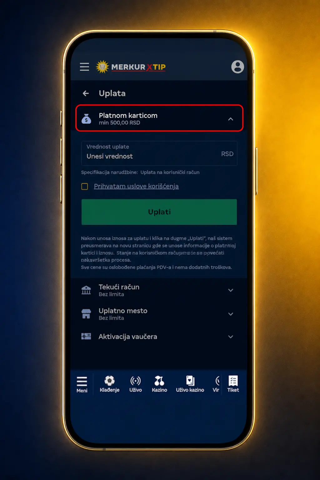 Uplata depozita preko MerkurXtip aplikacije – prijava, izbor metoda plaćanja i potvrda transakcije na mobilnom telefonu.