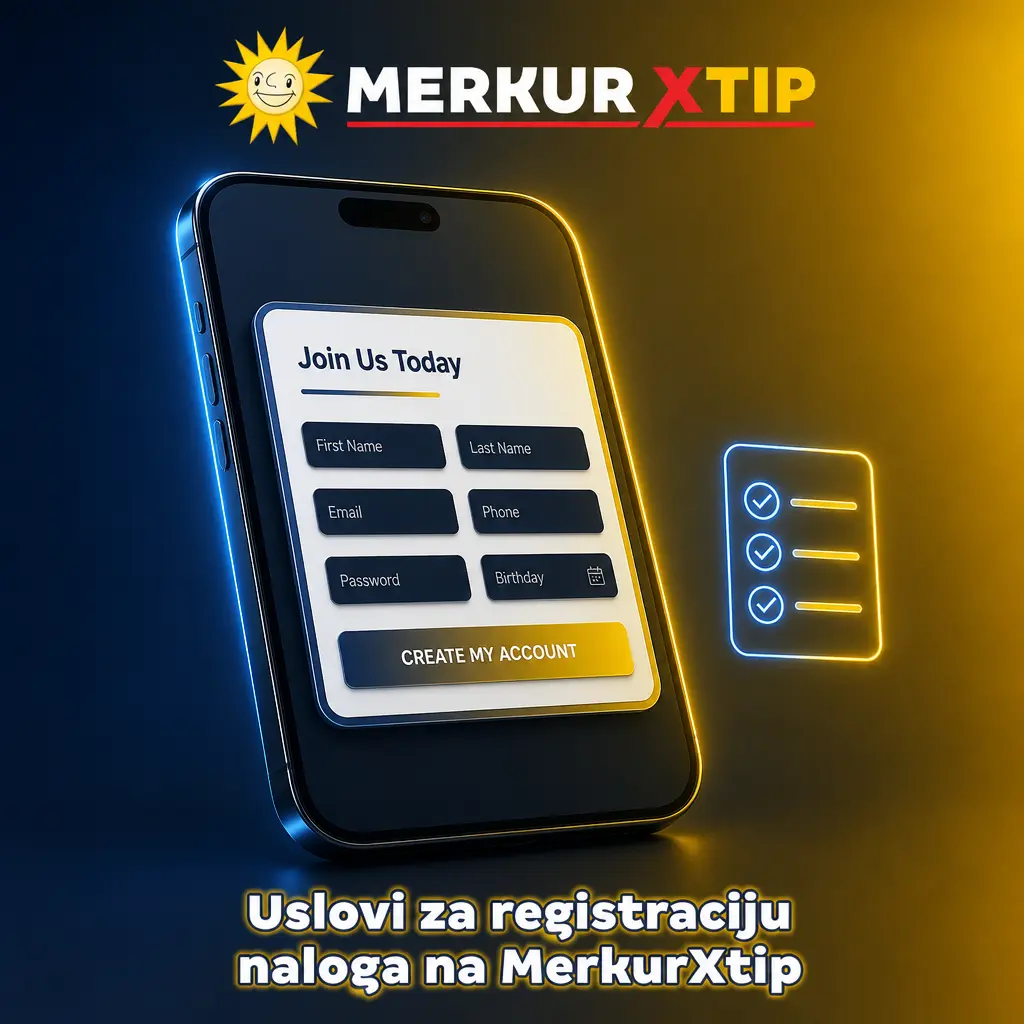 Uslovi za registraciju naloga na MerkurXtip: godine, validan dokument, tačan JMBG i prihvatanje opštih uslova.